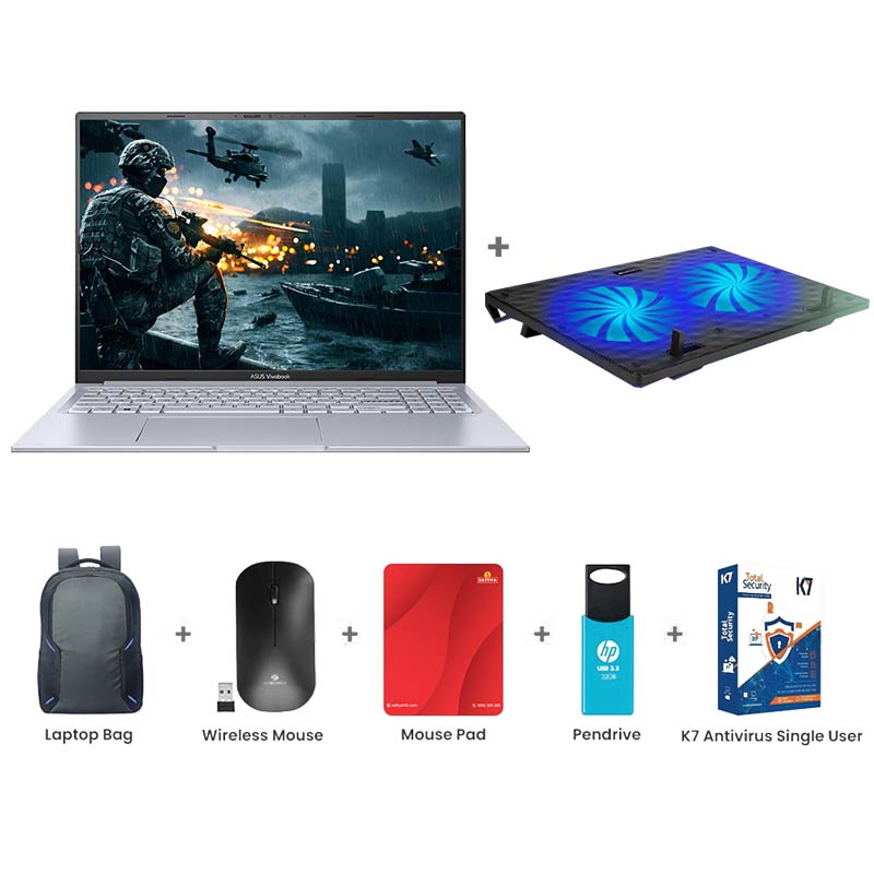 Picture of Asus Vivobook 16X - 12th Gen Intel Core i5-12500H 16" (40.64cm) K3605ZF-RP458WS Creator/Gaming Laptop (16GB/ 512GB SSD/ NVIDIA GeForce RTX 2050 4GB/ Windows 11 Home/ MS Office/ 1Year Warranty/ / Cool Silver/ 1.80 Kg) Zebronics ZEB-NC3300 USB Powered Laptop Cooling Pad  + Laptop Bag + Wireless Mouse + Mouse Pad + Pendrive + K7 Antivirus Single User